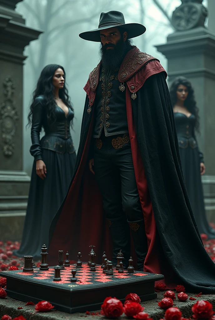 a man with a beard, black and red cape, old hat, risa chess, two women one African and one white long wavy black hair, blood, corona, black roses, cemetery