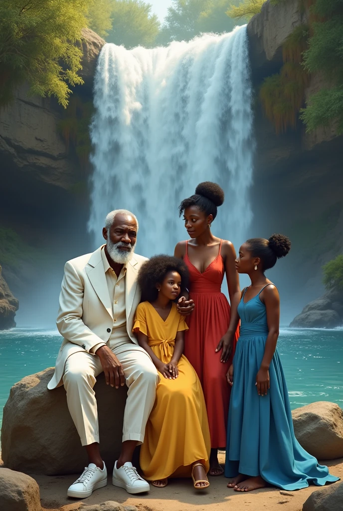 A black grandfather dressed in white sitting, a black grandmother dressed in yellow sitting, a young black woman dressed in blue and a black woman dressed in red at a waterfall