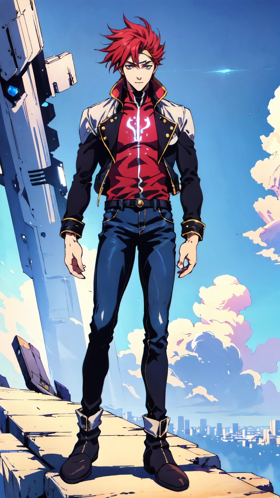(masterpiece:1.2, best quality:1.2, extremely delicate:1.2), ((male:1.5)), a young man with messy red hair, a leather strap tied around his forehead, a handsome face, bright eyes, a rebellious smile, a slender build, a futuristic fantasy-style black and white leather jacket, dark jeans, hiking boots, he is making an exaggerated leap above the city, this character embodies a finely crafted futuristic fantasy-style rogue in anime style, exquisite and mature manga art style, dramatic, high definition, highres, ultra-detailed, ultra-fine painting, professional, perfect body proportions, golden ratio, anatomically correct, symmetrical face, extremely detailed eyes and face, high quality eyes, creativity, RAW photo, UHD, 32k, Natural light, cinematic lighting, (masterpiece-anatomy-perfect:1.2)