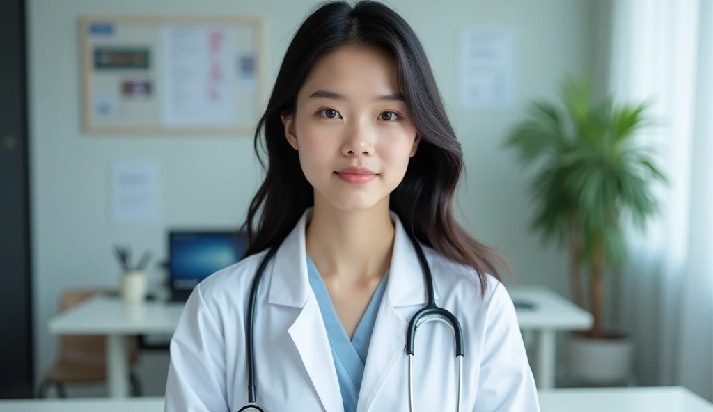 Full-body photo of a beautiful young Asian woman with fair skin and delicate face posing for a photo with a desk and a doctor's office as a backdrop. She is wearing a white doctor's coat with a stethoscope draped over her shoulders. Her dark hair is scattered down over her shoulders, highlighting her eyes that stare straight at the viewer in the middle. The overall feeling is innocence, and the light is soft and diffused, very realistic, the picture is perfect.