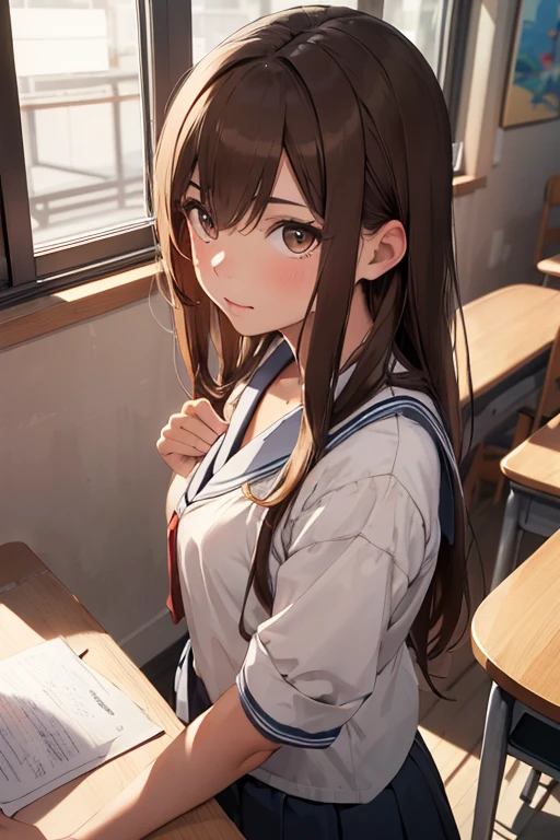 ((best qualityer)), ((work of art)), (detailded)), A girl with long brown hair and a Japanese school uniform.