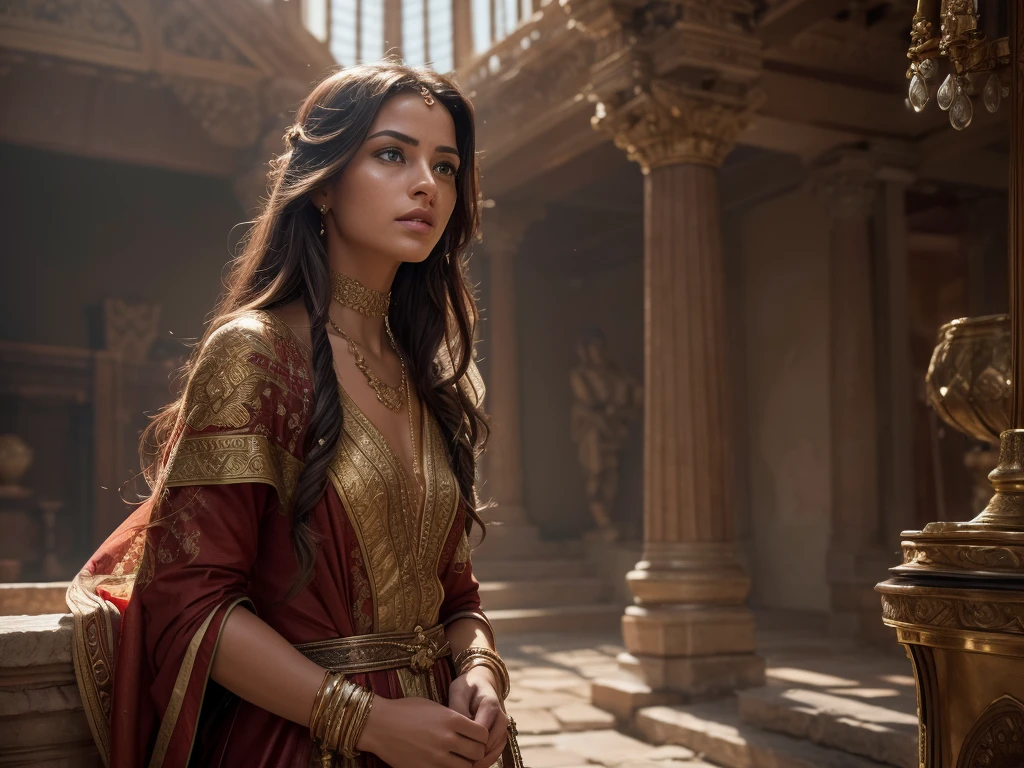 In the heart of an ancient villa, a woman with her friendsin a house. Her expression is one of reverence and contemplation, adding a sense of mystery to the scene. This high-resolution painting captures the moment with exquisite realism, showcasing the woman's flowing robes and ethereal beauty. The composition is in biblical symbolism, inviting viewers to ponder the significance of the event. Ensure that the image depicts the thematic concept of lost coin story and is visually appealing and eye-catching. hyper detailed, dynamic color , wearing a tunic, super emotional image, Great quality and realistic image, the epic scene, hiper realistic, blockbuster, high detailed, , 4K photography, 50mm f/1.8 lens, high details, high face details, high hands details, perfect hands, soft illumination, high quality, natural light, stunning blockbuster background, dynamic angle

