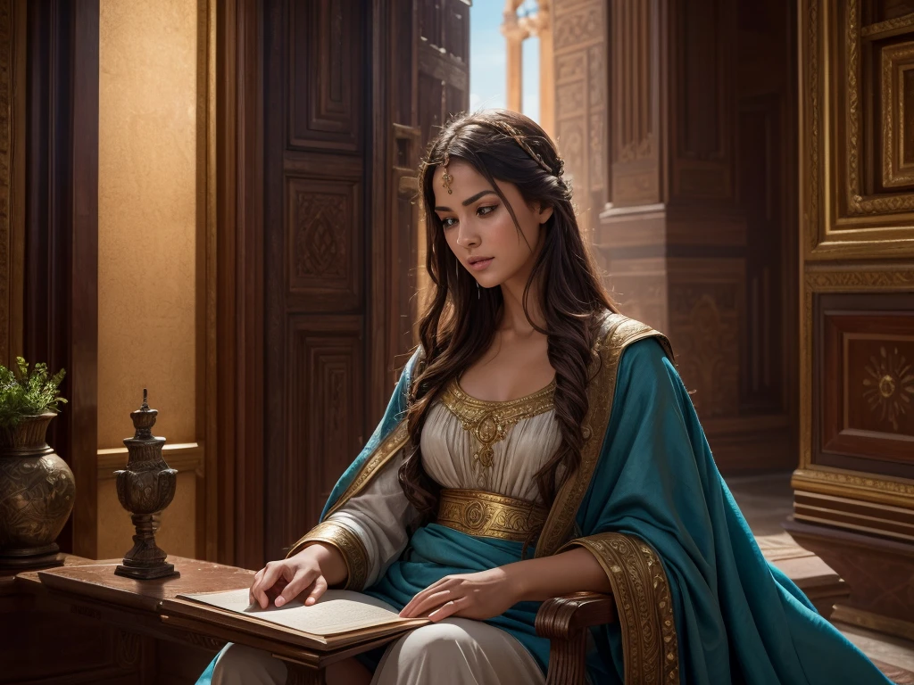 In the heart of an ancient villa, a woman with her friendsin a house. Her expression is one of reverence and contemplation, adding a sense of mystery to the scene. This high-resolution painting captures the moment with exquisite realism, showcasing the woman's flowing robes and ethereal beauty. The composition is in biblical symbolism, inviting viewers to ponder the significance of the event. Ensure that the image depicts the thematic concept of lost coin story and is visually appealing and eye-catching. hyper detailed, dynamic color , wearing a tunic, super emotional image, Great quality and realistic image, the epic scene, hiper realistic, blockbuster, high detailed, , 4K photography, 50mm f/1.8 lens, high details, high face details, high hands details, perfect hands, soft illumination, high quality, natural light, stunning blockbuster background, dynamic angle