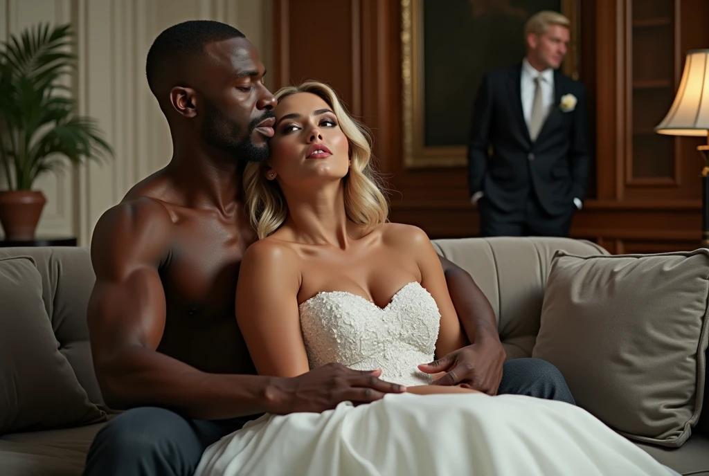 Magnificent detail, 8K Photos, hyper- realism, realistic background, visual depth, wide angle lens, professional light, all-body. {The scene shows a beautiful 25 year old blonde bride in a wedding dress rolling her eyes upwards expressing sexual pleasure sitting on a sofa hugging a strong muscular black man., while another man who is her white blond fiancé is in the background of the photo, entering through the door and witnessing the scene with surprise.} {The bride wears a dress that really highlights her body, It has a strapless neckline.} {The bride has her mouth open expressing feeling an intense orgasm}. {The groom is dressed in a traditional wedding suit and a stylishly arranged slim tie.. She expresses despair at the sight of the scene.} {The black man holds the bride by the waist with a look of sexual pleasure. He is shirtless, without any item of clothing, but her private parts are covered by the bride's dress} {the bride is on the black man&#39;s lap, hugging him from the front.} betrayal. sensual image. adult content