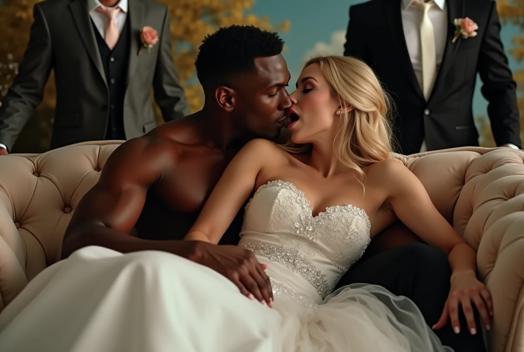Magnificent detail, 8K Photos, hyper- realism, realistic background, visual depth, wide angle lens, professional light, all-body. {The scene shows a beautiful 25 year old blonde bride in a wedding dress rolling her eyes upwards expressing sexual pleasure sitting on a sofa hugging a strong muscular black man., while another man who is her white blond fiancé is in the background of the photo, entering through the door and witnessing the scene with surprise.} {The bride wears a dress that really highlights her body, It has a strapless neckline.} {The bride has her mouth open expressing feeling an intense orgasm}. {The groom is dressed in a traditional wedding suit and a stylishly arranged slim tie.. She expresses despair at the sight of the scene.} {The black man holds the bride by the waist with a look of sexual pleasure. He is shirtless, without any item of clothing, but her private parts are covered by the bride's dress} {the bride is on the black man&#39;s lap, hugging him from the front.} betrayal. sensual image. adult content