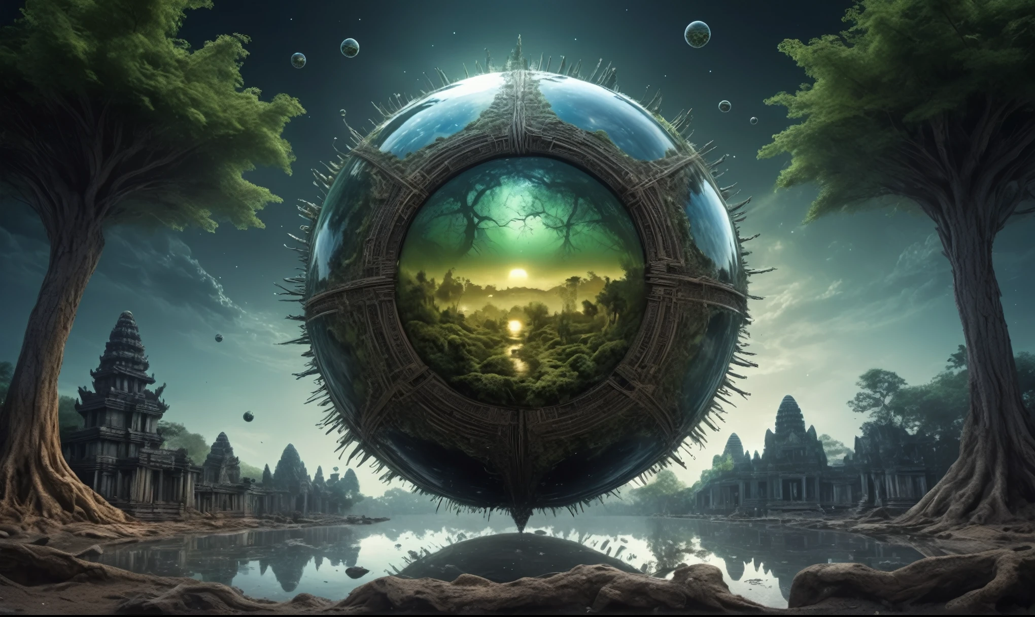 Glass sphere, close-up of a planet with a bunch of trees on it, overgrown planet, green planet, Fractal World, A lush world of fantasy, fantasy planet, Dyson sphere,  planetary landscape, round planet inspired by Jofra Bosschart, planet, Future World, psychedelic  Mysterious World,full body length shot,nerd graphite  Alien Entity,native africa slave ,nowadays azctec central city,Cinematic,soft colors, Technicolor,natural skin textures, hyper realism, hyper detailed,Extremely detailed,High contrast,Masterpiece,Realistic,Ultra Detailed, intricate details,realistic humid leather,extremely intricate details,Epic Realistic, cinematic style, irina yermolova,high contrast,hdr,extremely detailed, [deep night landscape],masterpiece, intricate details, eyes extremely detailed, high detailed eyes,8k resolution,retina, Nikon Z9,Korea,orc,Egypt, Pisces, transition between two art styles,full body length, Double contact, X-ray, Creative, vivid light, fantasy, Abstract, Surrealism, super detailed, high resolution,insanity national folk wear,skin  almost translucent, gothic elements, further emphasizing its dark air,Mestichino,Light particles,chaos,starfish's leather,Angkor Wat of Cambodia, terror,(fish eyes, calaveras)