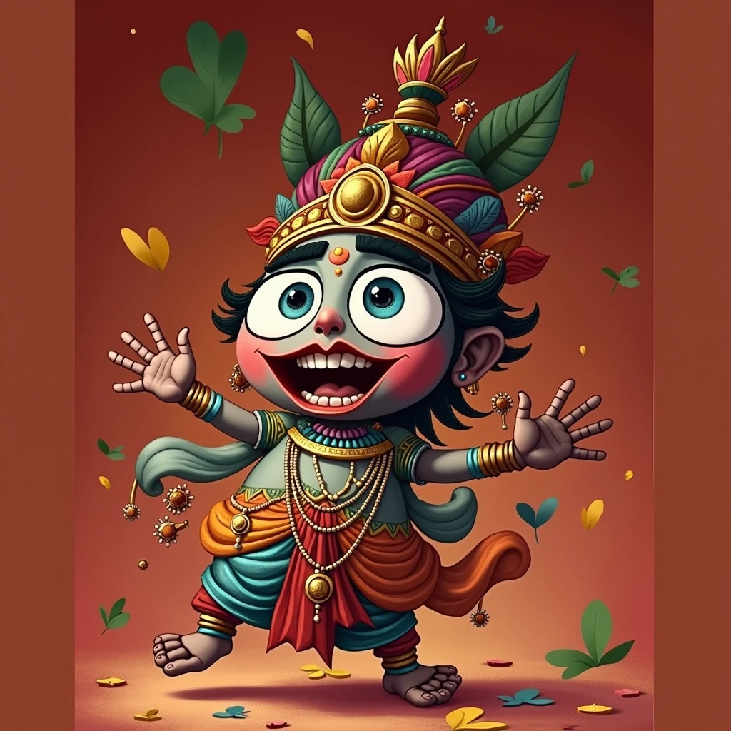 Appears to depict a 3D animated character, possibly modeled in the style of a traditional Indian royalty or deity, with exaggerated features for comical or friendly effect. The character is a smiling, wide-eyed, moustached male.He wears a gold crown adorned with red jewels and has long, wavy black hair. His attire includes a white dhoti, various gold ornaments such as necklaces, earrings, bangles, and holds a speaker in his left hand. His right hand holds a cooling glass. His expression is happy and surprised, and the overall style is energetic and cartoonish.He was fated guy