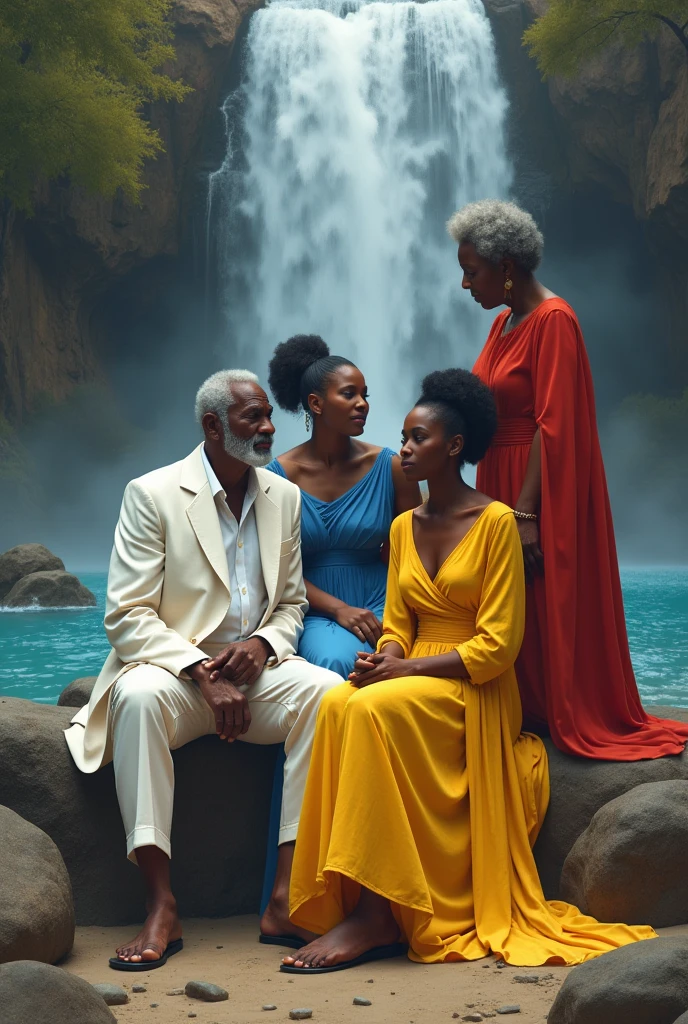 A black grandfather dressed in white sitting, a black grandmother dressed in yellow sitting, a young black woman dressed in blue and a black woman dressed in red at a waterfall 