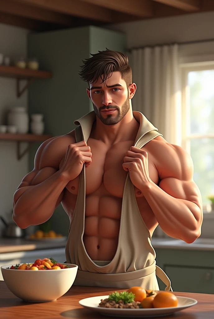 裸エプロンで朝食を作るMuscularな男、Highest quality、Pectoralis major、Abdominal muscles、eye、Body hair、sweating、short hair、Putting on a collar、Brown Skin、Muscular、kitchen、looks fun