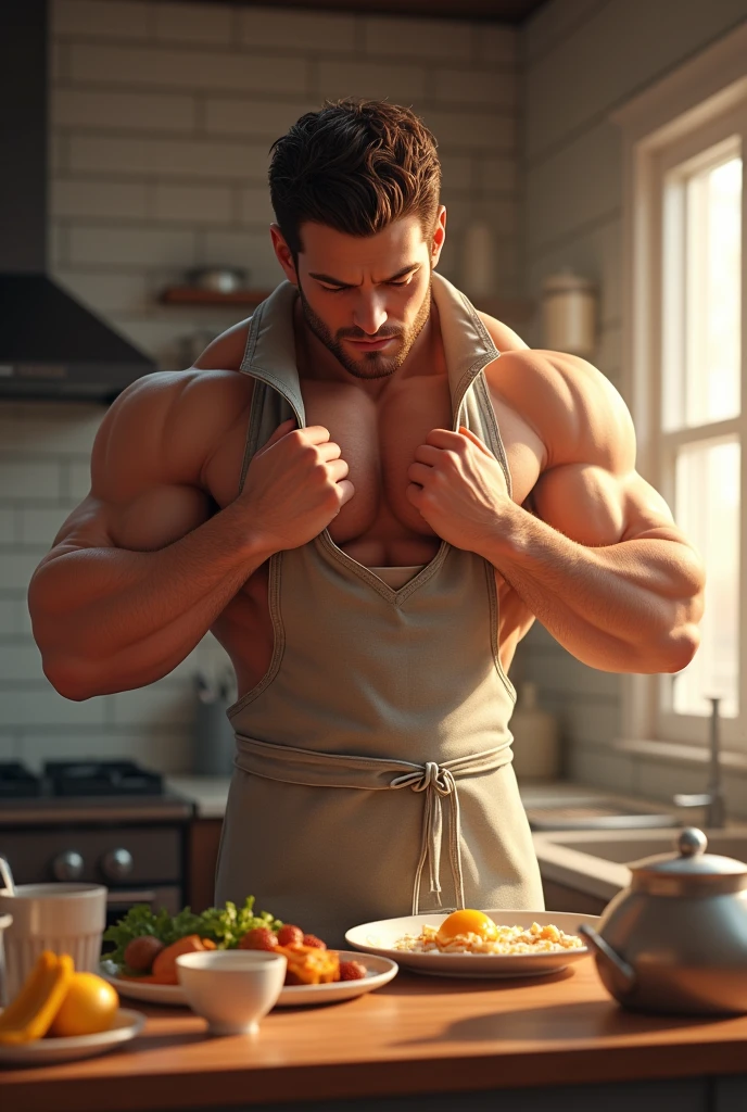 裸エプロンで朝食を作るMuscularな男、Highest quality、Pectoralis major、Abdominal muscles、eye、Body hair、sweating、short hair、Putting on a collar、Brown Skin、Muscular、kitchen、looks fun