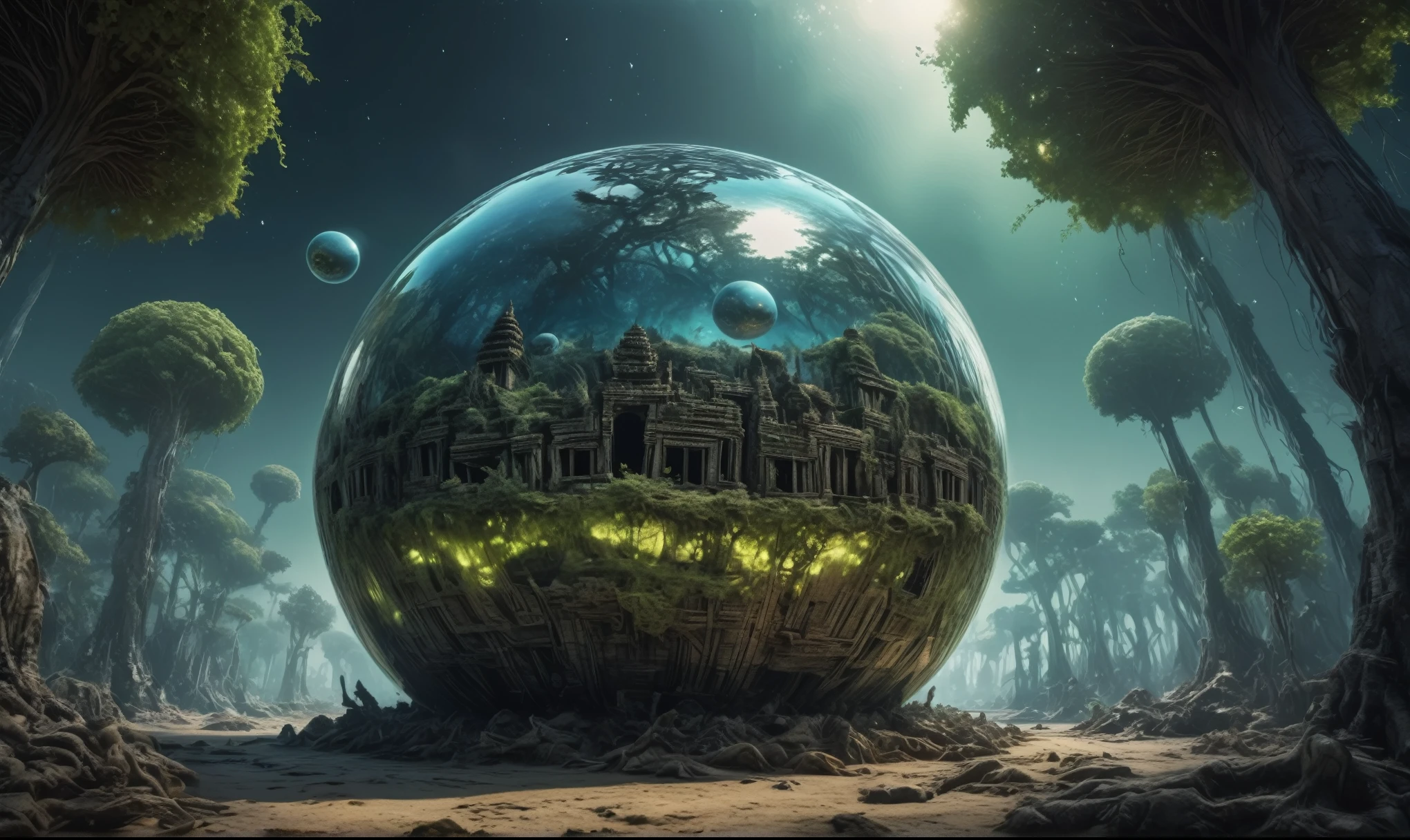 Glass sphere, close-up of a planet with a bunch of trees on it, overgrown planet, green planet, Fractal World, A lush world of fantasy, fantasy planet, Dyson sphere,  planetary landscape, round planet inspired by Jofra Bosschart, planet, Future World, psychedelic  Mysterious World,full body length shot,nerd graphite  Alien Entity,native africa slave ,nowadays azctec central city,Cinematic,soft colors, Technicolor,natural skin textures, hyper realism, hyper detailed,Extremely detailed,High contrast,Masterpiece,Realistic,Ultra Detailed, intricate details,realistic humid leather,extremely intricate details,Epic Realistic, cinematic style, irina yermolova,high contrast,hdr,extremely detailed, [deep night landscape],masterpiece, intricate details, eyes extremely detailed, high detailed eyes,8k resolution,retina, Nikon Z9,Korea,orc,Egypt, Pisces, transition between two art styles,full body length, Double contact, X-ray, Creative, vivid light, fantasy, Abstract, Surrealism, super detailed, high resolution,insanity national folk wear,skin  almost translucent, gothic elements, further emphasizing its dark air,Mestichino,Light particles,chaos,starfish's leather,Angkor Wat of Cambodia, terror,(fish eyes, calaveras)