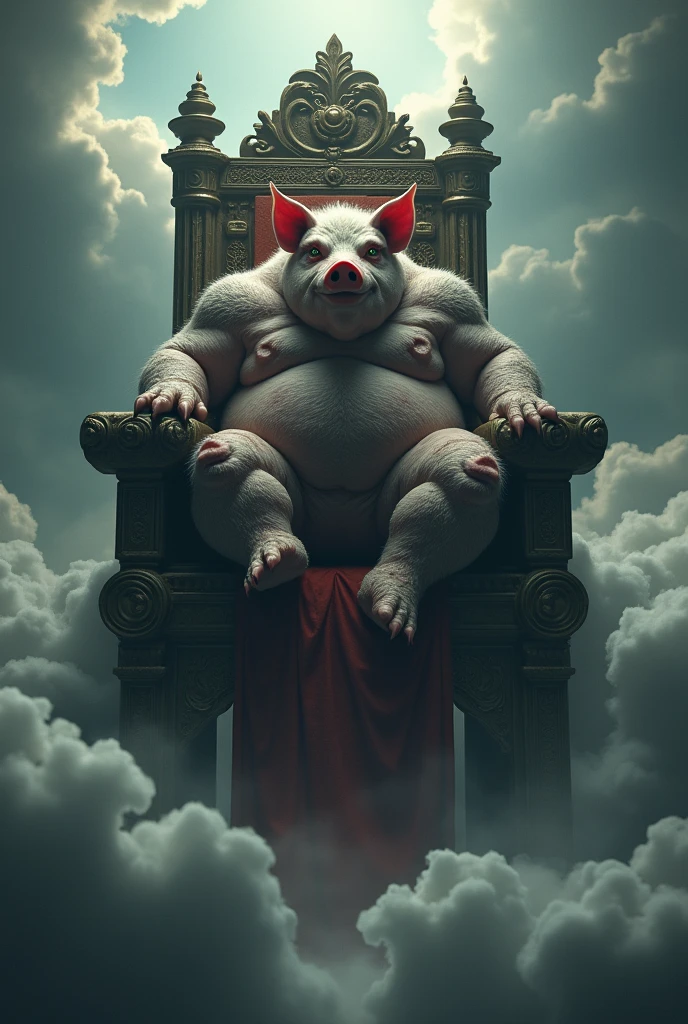 Pigsy monster，Dark，The scene is magnificent，Sit on the throne，Surrounded by clouds，mystery，realism