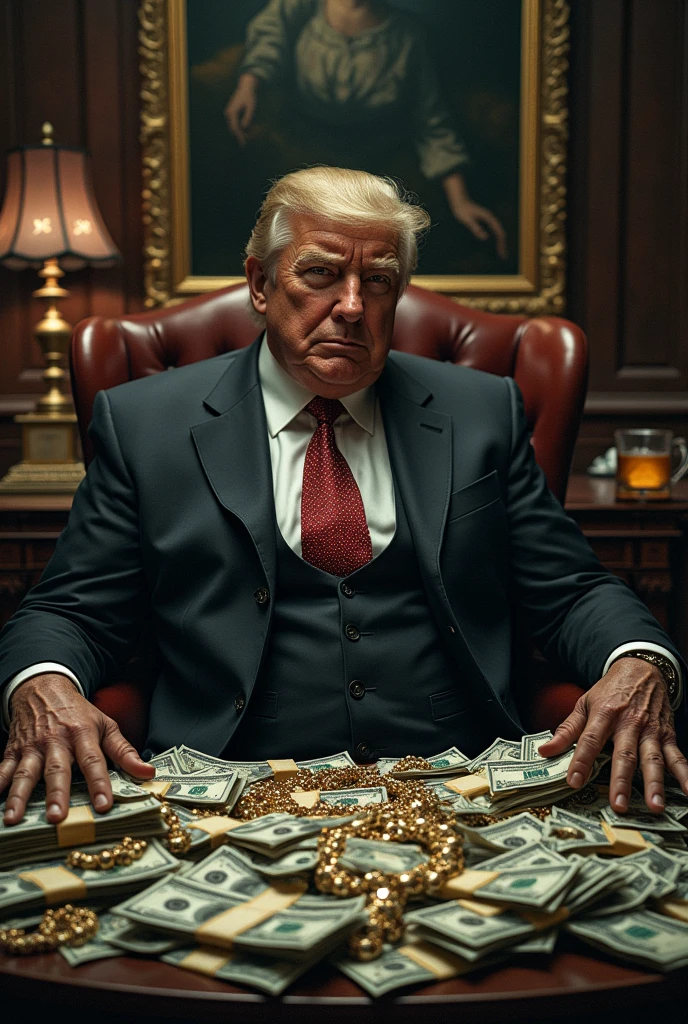 Image of a corrupt politician, surrounded by money and luxury goods.