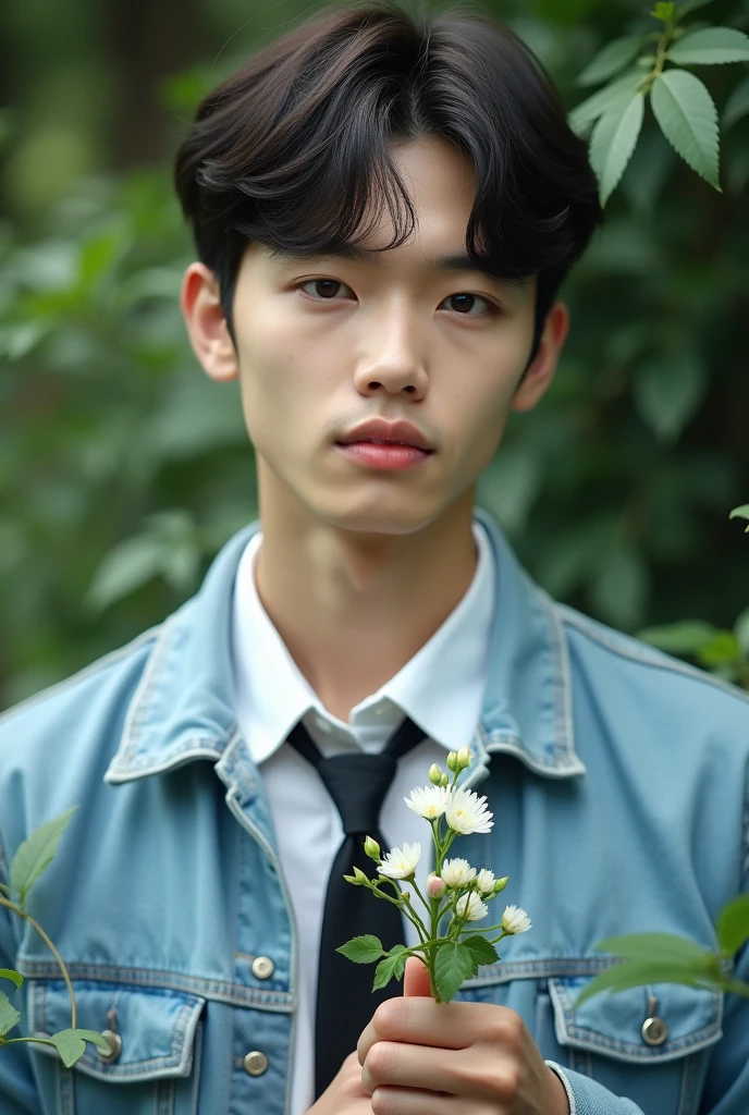 Realistic photo of a 24 year old Korean boy, pale face, beautiful face, Muscular and strong body, dark brown hair with straight bangs, wearing a light blue denim jacket and a white button-down shirt with a black tie, holding a beautiful plant with a white flower, background with plants, Smiling sideways, concepto Photo, Photo, boy, kpop, close-up do rosto, photographic essay