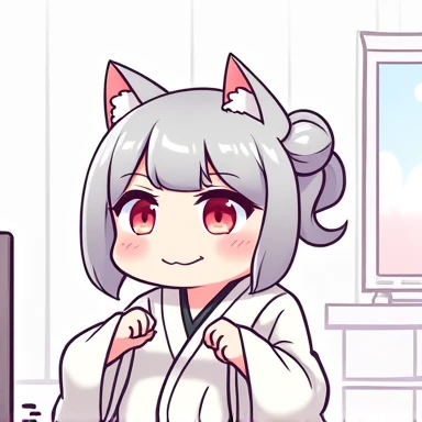 One Woman,Gray Hair,Cat ear,((Chibi Character)) Heterochromia iridis,Red eyes,,White kimono,watching tv,smile,Please enter text in the bottom right corner of the fantasy image,A very popular font,