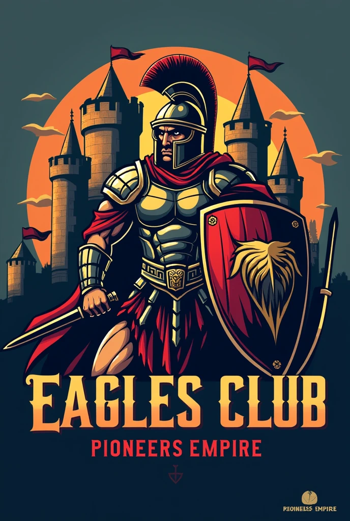 Create logo empire castle gladiator holding shield with name write "Pioneers Empire Kaagapay Eagles Club" 