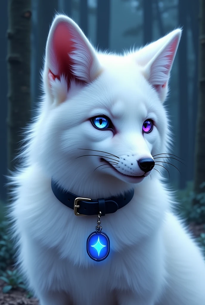 A white fox with blue and purple heterochromia, with a black dog collar with a translucent blue tag
