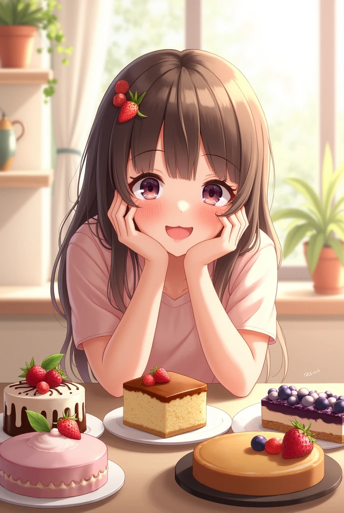 1 person, Highest quality, masterpiece, High resolution, (Happy scene)、table、(Shortcake、Rare Cheesecake、Blueberry tart)、Hands on cheeks、