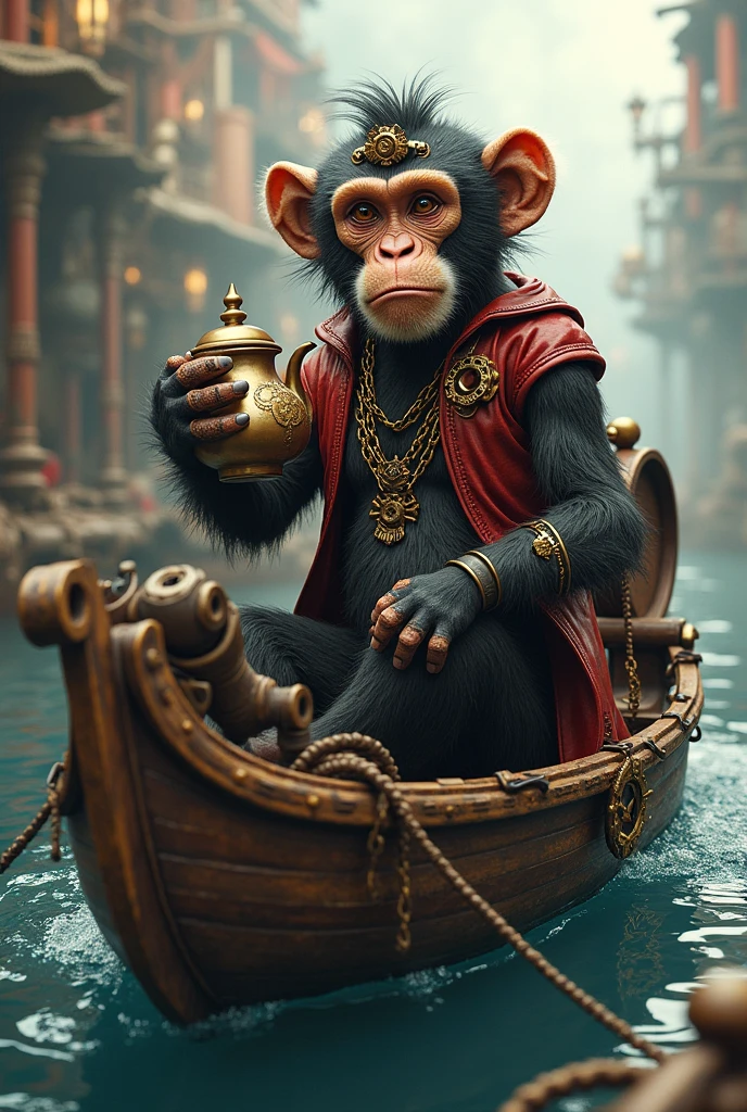 There's a monkey sitting on a boat with a teapot, rough as the king of cups, African Steampunk Alchemist, Jean-Baptiste Monge, Jean-Baptiste Monge, Inspired by Jean-Baptiste Monge, by Cynthia Sheppard, Adorned Piracy, inspired by Cynthia Sheppard, Inspired by Daniel Merriam, detailed steampunk illustration, michael horse (unreal engine, furry fantasy art 
