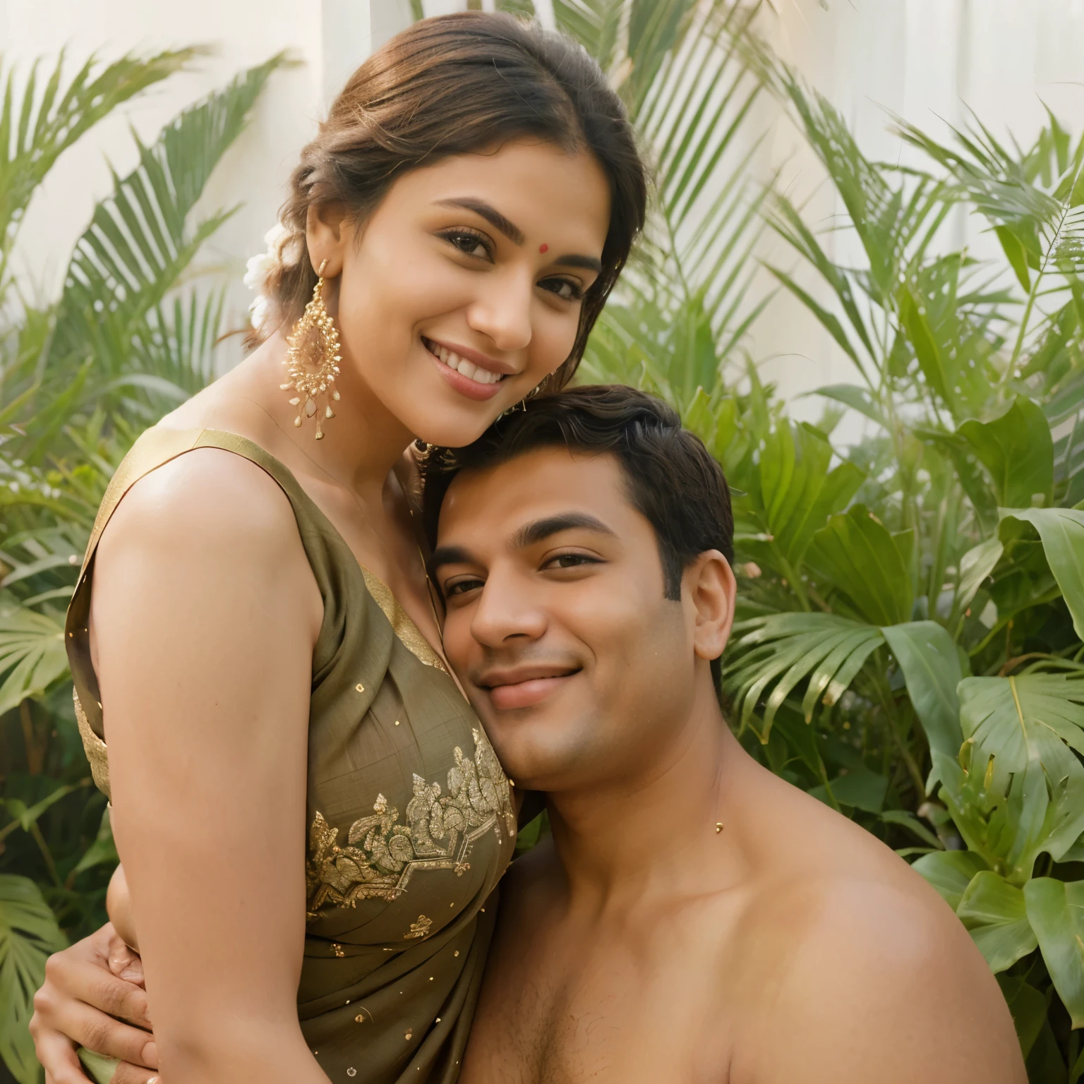 smiling woman in sari posing with man , couple pose, couples portrait, realistic photo shoot, big boobs, kissin the boobs