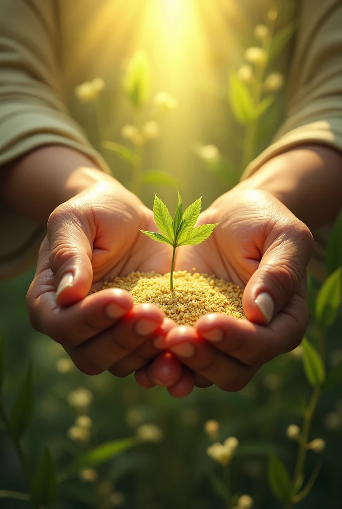 Parable of the mustard seed, (That this god is catching the seed in a super beautiful place) Let the mustard seed be seen and let God be shown holding the seed in his hand