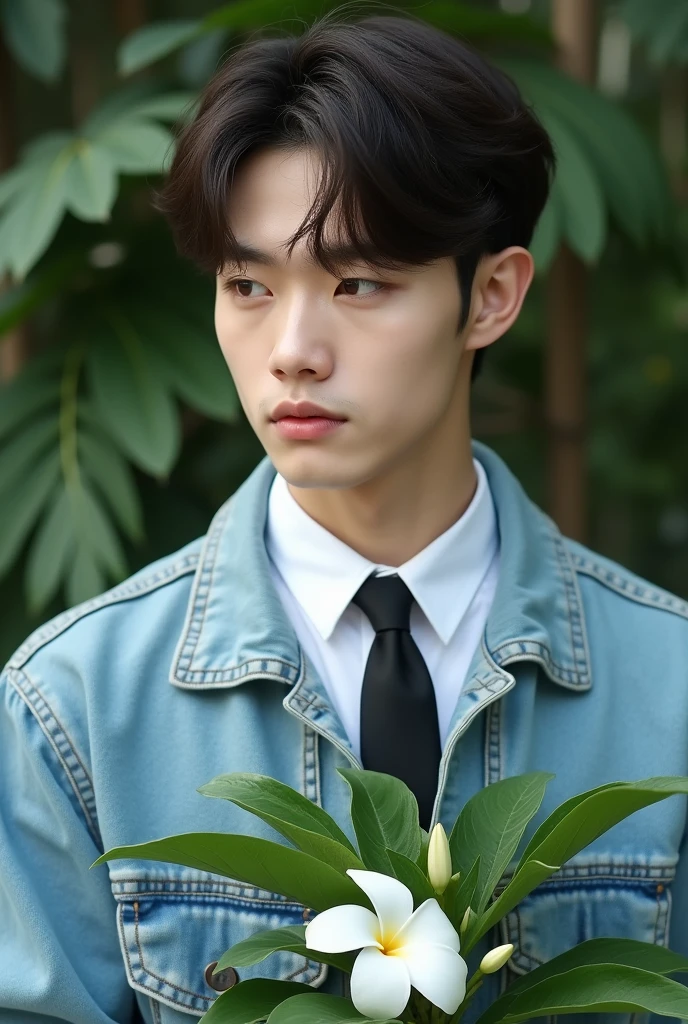 Realistic photo of a 22 year old Korean boy, pale face, beautiful face, Muscular and strong body, dark brown hair with straight bangs, wearing a light blue denim jacket and a white button-down shirt with a black tie, holding a beautiful plant with a white flower, background with plants, Smiling sideways, concepto Photo, Photo, boy, kpop, close-up do rosto, photographic essay , Face in front of the camera