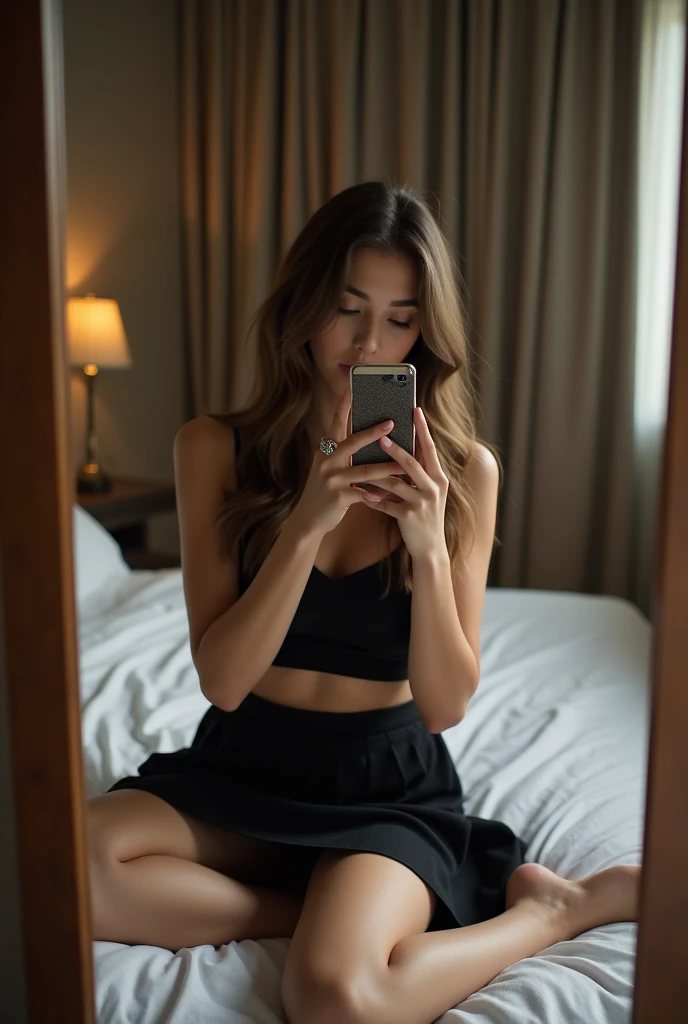 girl sitting on bed taking mirror selfie in low lighting conditions, black miniskirt