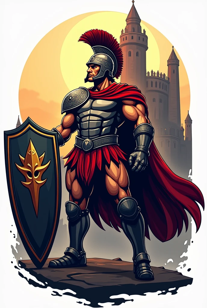 Create logo empire castle gladiator holding shield with name write "Pioneers Empire Kaagapay Eagles Club" 