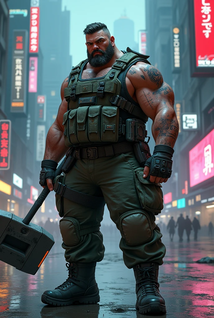 Create a 130-kilogram burly man, hunter and ex-military man with a combat hammer in his hand in the world of cyberpunk