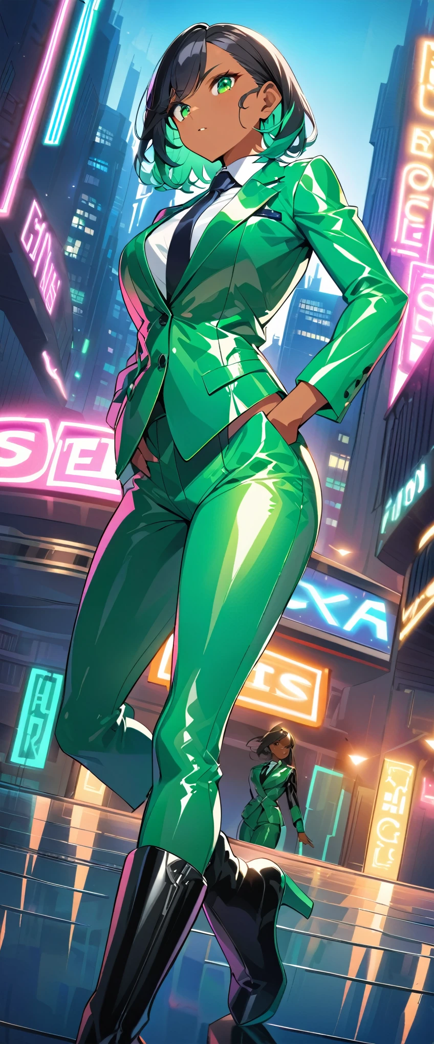 A full-body anime-style image of a woman with tan skin, green eyes, and black hair with green tips, wearing a shiny green latex business suit and tie, and high-heeled boots. The woman stands confidently against a futuristic cityscape background with neon lights reflecting off her suit. The cityscape is slightly blurred, focusing on the character's vibrant outfit and strong pose, with a low-angle view to enhance her stature. The lighting is a mix of cool blues and greens, highlighting the sheen of the latex and creating a dynamic contrast with her tan skin.