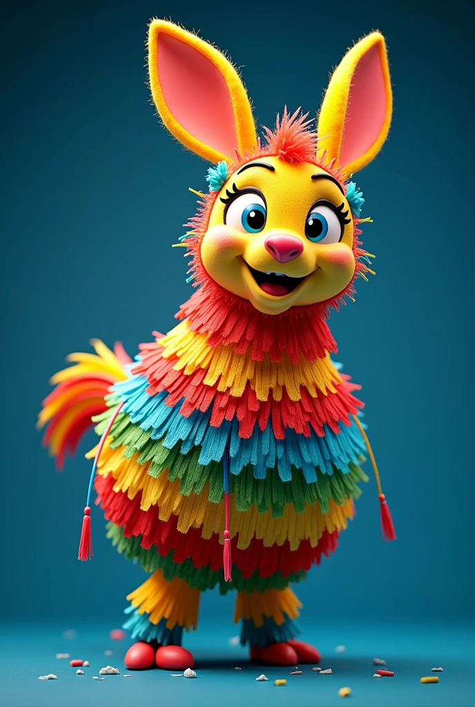Create a colorful Disney style pinata image with a blue background, close-up angle