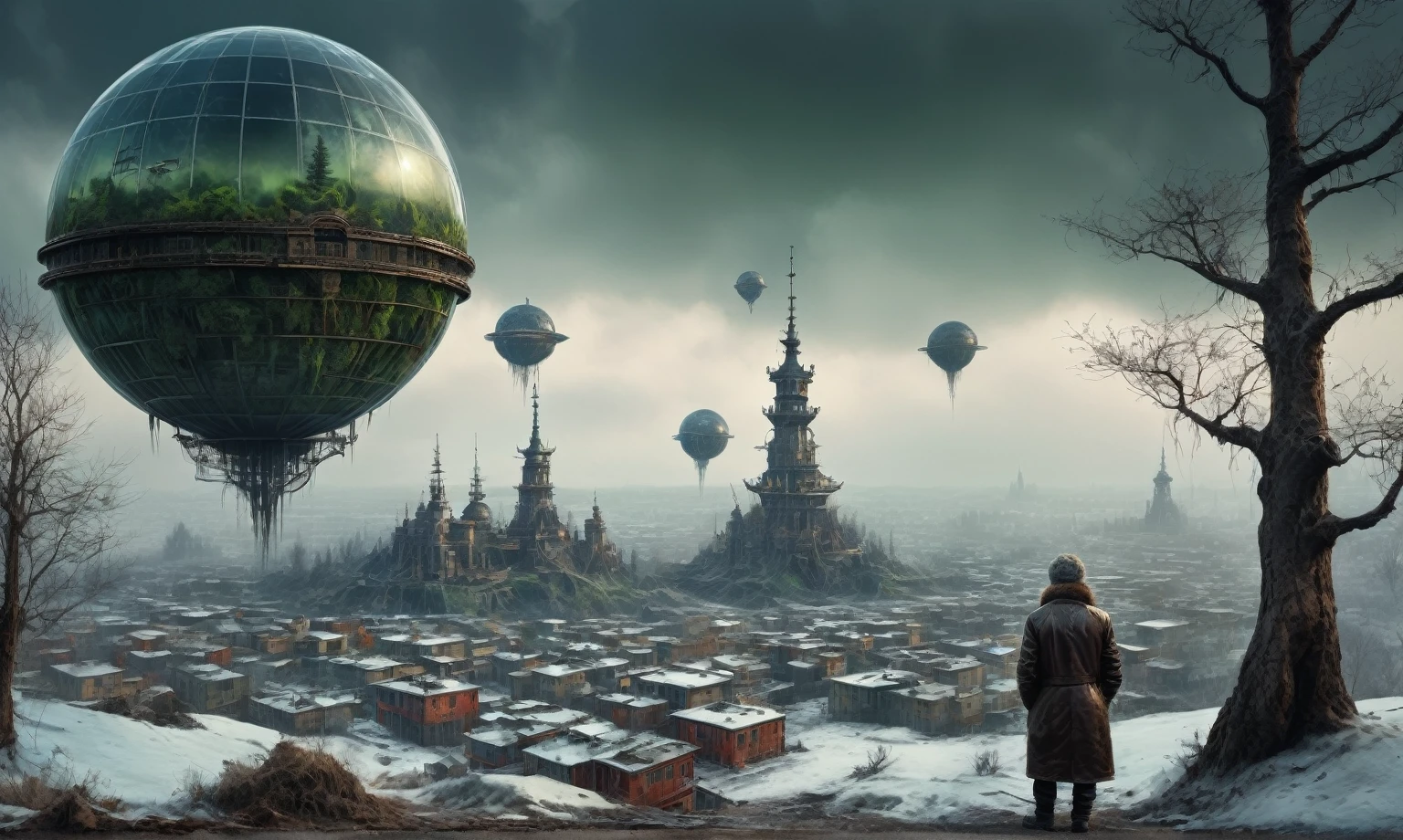 insane pilot from USSR , camouflage Rusty, after a psychiatric clinic,winter,intricate landscape,slate grey atmosphere,film grain,faded,eyes extremely detailed,another world,view from height,once pretty face,eyebrow up,full body shot,ominous landscape, Simon Stalenhag,Nicola Samori,full body shot,beggar paladium The Alien Entity,Technicolor,natural skin textures, hyper realism, hyper detailed,Extremely detailed,High contrast,Masterpiece,Realistic,Ultra Detailed, intricate details,realistic humid leather,extremly intricate,Epic Realistic, cinematic style,irina yermolova,high contrast,hdr,extremely detailed, deep night landscape,masterpiece,intricate details,faded,eyes extremely detailed, high detailed eyes,8k resolution,RAW,retina, Nikon Z9,China,tkt style, transition between two art styles, Ink painting to photorealism, Double contact, X-ray, Creative, vivid light, masterpiece, fantasy, Abstract Surrealism, super detailed, high resolution, stop:35;Her skin is pale, almost translucent,ancient rock,a hot air soars through the layers of clouds, revealing a colossal and enigmatic cityscape nestled within. The buildings in this ethereal city are adorned with intricate details and exude an aura of mystery. Above the cityscape, lend an enchanting touch to the scene. steampunk. The intricate mechanics create a sense of wonder and fascination, as if stepping into a dreamlike realism, Glass sphere planet with a bunch of trees on it, overgrown planet, green planet, Fractal World, A lush world of fantasy, fantasy planet, Dyson sphere, planetary landscape, round planet inspired by Jofra Bosschart, planet, Future World, psychedelic Mysterious World
