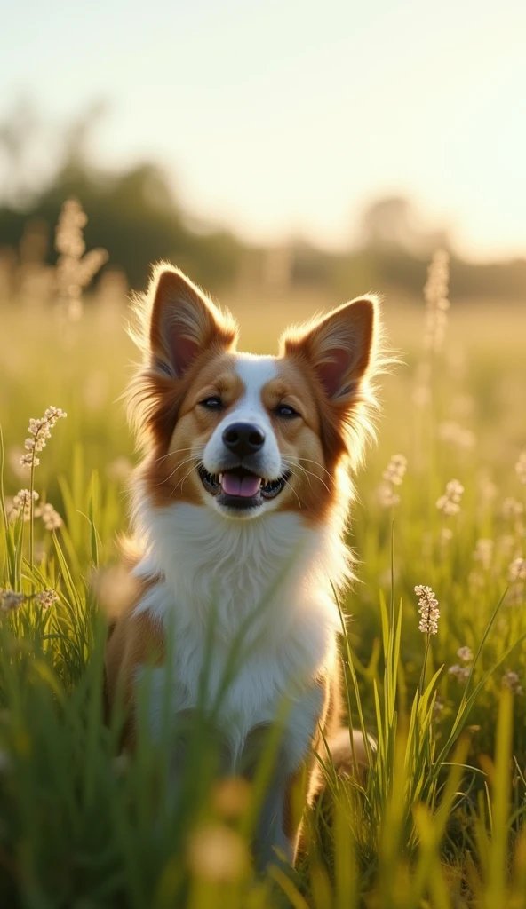 Wide々In the middle of the grassland、Photograph a dog enjoying the pleasant breeze。Whenever the dog is blown by the wind, its ears and fur flutter.、She has her eyes closed and looks happy.。背景には青い空と柔らかな緑の草がWideがり、The sound of the wind rustling the grass、It depicts a tranquil environment where you can hear the birds singing.。The whole video was relaxed、Create an atmosphere of natural beauty