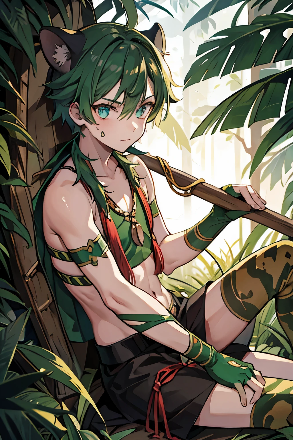masterpiece, best quality, ultra high res, highly detailed, male, fantasy, thong,  armor, pantless, shirtless, open clothes, sleeping, botanical garden