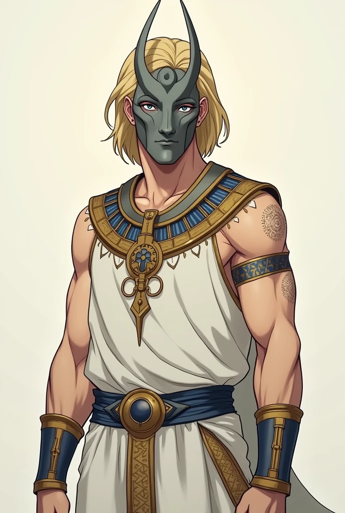 blond man with blue eyes, wearing an gray iron mask that covers the entire face and is shaped like a face , wearing a white Egyptian tunic with gold details, wearing white pants underneath. semi realistic anime style