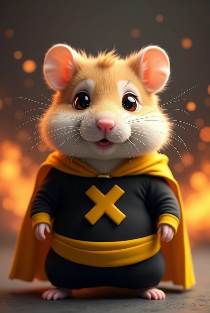 a hamster wearing an black yellow costume 'x' logo on body, hero  (best quality,4k,8k,highres,masterpiece:1.2),ultra real-detailed,(realistic,photorealistic,photo-realistic:1.37),hyperrealistic,highly detailed fur,detailed eyes and face,looking at camera,adorable,cute,fluffy,soft,studio lighting,professional photography,dynamic bombing background.