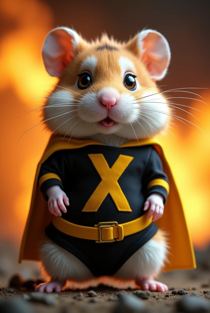 a hamster wearing an black yellow costume 'x' logo on body, hero (best quality,4k,8k,highres,masterpiece:1.2),ultra real-detailed,(realistic,photorealistic,photo-realistic:1.37),hyperrealistic,highly detailed fur,detailed eyes and face,looking at camera,adorable,cute,fluffy,soft,studio lighting,professional photography,dynamic bombing background.
