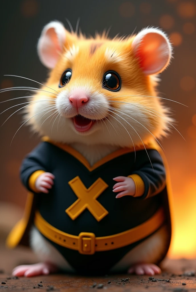 a hamster wearing an black yellow costume 'x' logo on body, hero  (best quality,4k,8k,highres,masterpiece:1.2),ultra real-detailed,(realistic,photorealistic,photo-realistic:1.37),hyperrealistic,highly detailed fur,detailed eyes and face,looking at camera,adorable,cute,fluffy,soft,studio lighting,professional photography,dynamic bombing background.