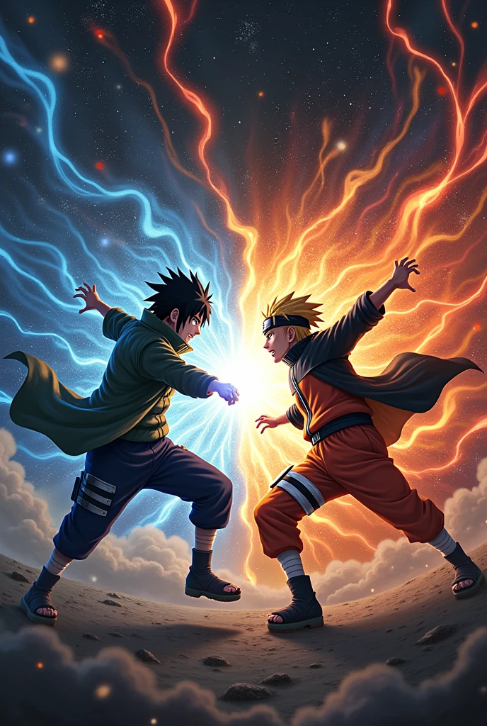 Naruto vs Sasuke fighting space black power of movement