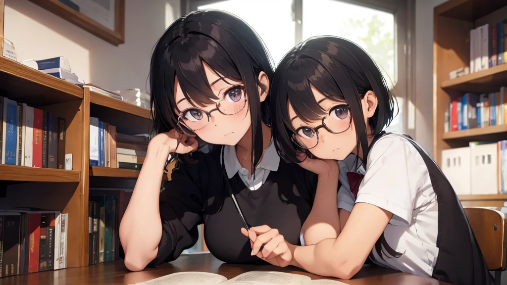 masterpiece, top-quality, High-quality images, high resolution, 8K, 1 student, detailed, Detailed eye depiction, skin gloss, school uniform, large breast, Lustrous hair, Black short-haired, disheveled hair, Round glasses, Narrow old room, many bookshelves, studying, shy expression, blushing heavily, sitting at table, looking at viewer