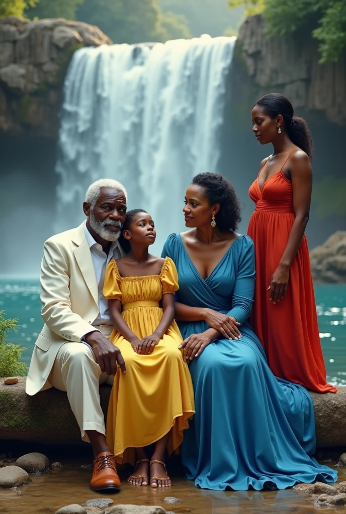 A black grandfather dressed in white sitting, a black grandmother dressed in yellow sitting, a young black woman dressed in blue and a black woman dressed in red at a waterfall 