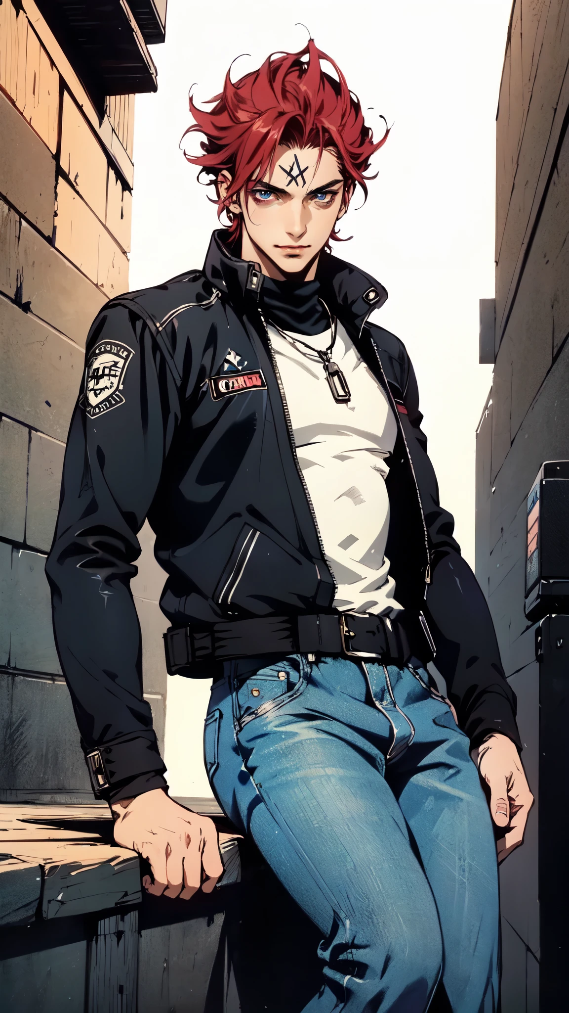 (masterpiece:1.2, best quality:1.2, extremely delicate:1.2), ((male:1.5)), a young man with messy red hair, a leather strap tied around his forehead, a handsome face, bright eyes, a rebellious smile, a slender build, a futuristic fantasy-style black and white leather jacket, dark jeans, hiking boots, he is making an exaggerated leap above the city, this character embodies a finely crafted futuristic fantasy-style rogue in anime style, exquisite and mature manga art style, dramatic, high definition, highres, ultra-detailed, ultra-fine painting, professional, perfect body proportions, golden ratio, anatomically correct, symmetrical face, extremely detailed eyes and face, high quality eyes, creativity, RAW photo, UHD, 32k, Natural light, cinematic lighting, (masterpiece-anatomy-perfect:1.2)