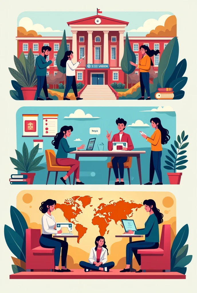 Poster Description:
Top: Illustrate the vision by drawing a large school building representing the university. Surround the building with symbols of leadership, like students in graduation caps holding certificates, and a globe to represent global competitiveness.
Middle: For the mission, draw students working together on garment designs. Show them using sewing machines, sketching outfits, and collaborating with bright ideas, represented by light bulbs or gears, symbolizing innovation.
Bottom: Illustrate the goals by drawing a diverse group of students proudly showing their finished garments on a stage, indicating success and the achievement of their learning goals. The background can have elements like books and a world map to signify education and global impact.
