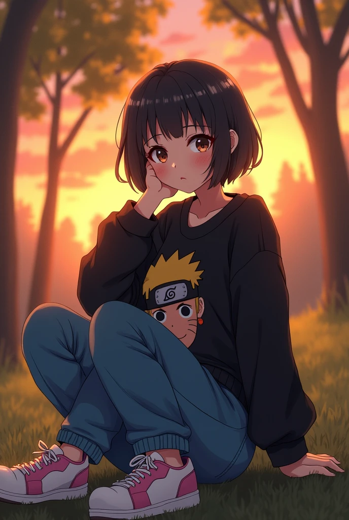 chunky girl, short black hair, large light brown eyes, short stature, black sweater with Naruto print, big breasts, big breasts, baggy jeans, white with pale pink sports shoes, sitting in a park, sunset.