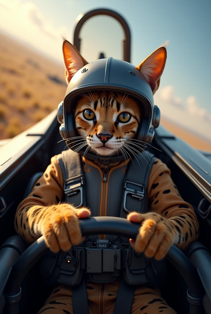 Savannah cat wearing pilot suit and helmet flying fighter jet, real, high resolution detail, full picture as real life from the plane's immersion, full picture from afar