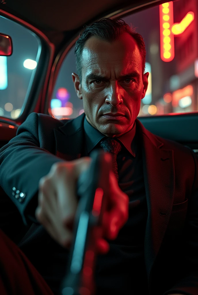 (photorealism:1.2), A close-up of a mafia man in a black suit and tie, holding a gun while sitting in the front seat of a classic 1930s car. The background shows an urban setting at night, with neon signs reflecting off the car's polished chrome. The man's face is stern, partially illuminated by the glow of passing streetlights.
