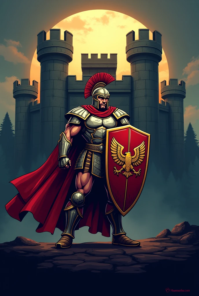 Create logo empire castle gladiator holding shield with name write front "Pioneers Empire Kaagapay Eagles Club" 
