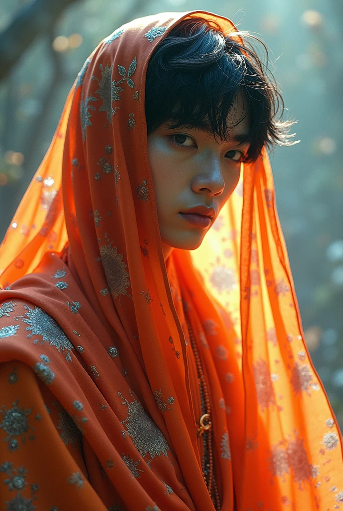 A kim tae hyung with a sari on his head and black hair