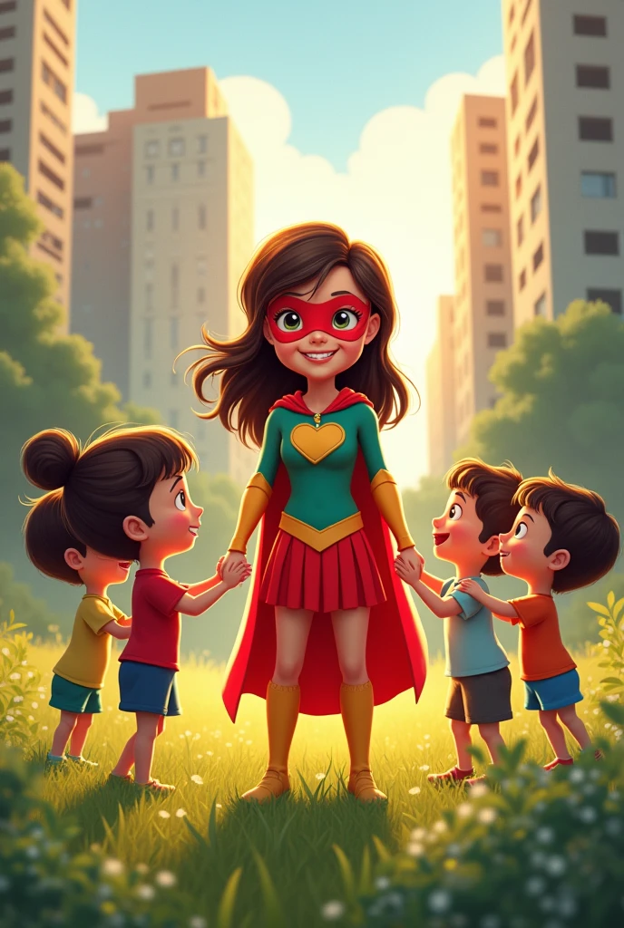 Create an image of a story where you can see a superhero girl with a heart mask talking to some children in an urban field and hugging them.