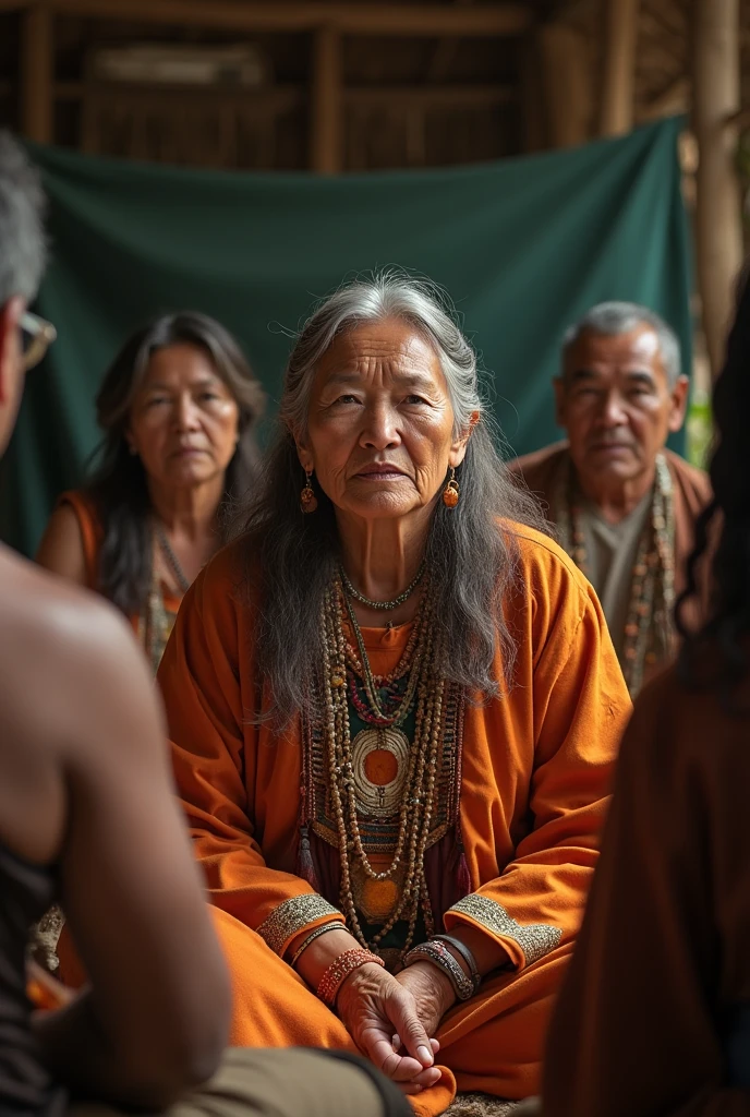 Image of an indigenous woman, sitting at a community meeting, Speaking with authority.